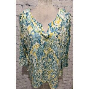 Ruby Rd. Favorites Yellow Blue Floral 3/4 Sleeve Blouse Top Shirt Size XL